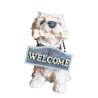 Fehér kutya figura WELCOME felirattal, dekoráció, yupie