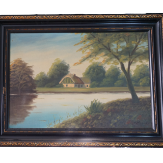 Ház a folyó túloldalán tájkép (aláírt, festő ismeretlen, eredeti cím ismeretlen), dekoráció, képek, yupie