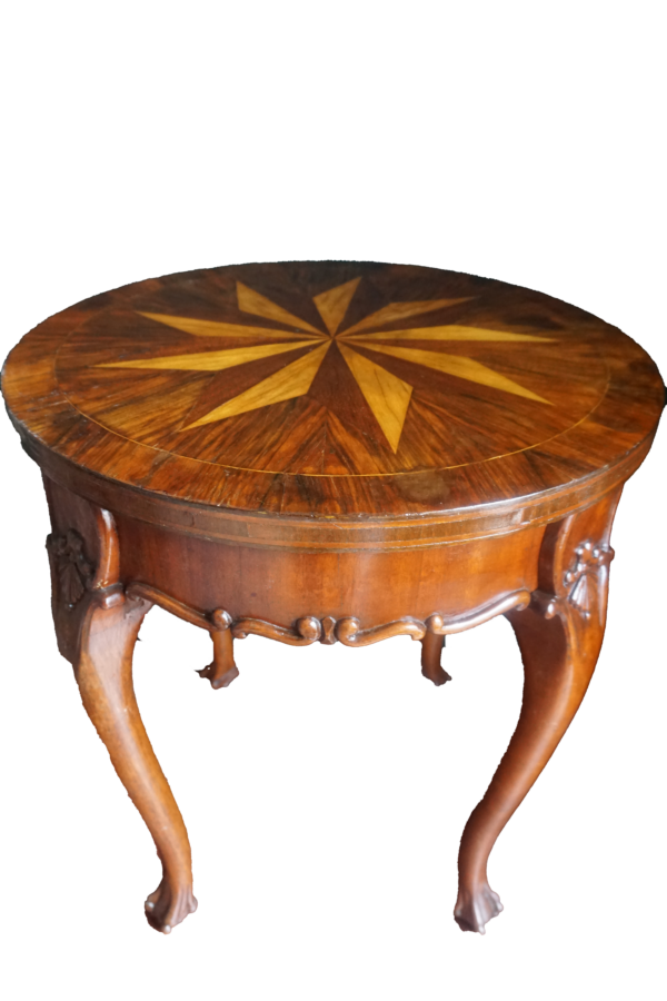 Barokk stílusú kerek kisasztal berakással, bútorok, yupie