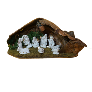 Fából készült betlehemi jelenet porcelán figurákkal, dekoráció, yupie
