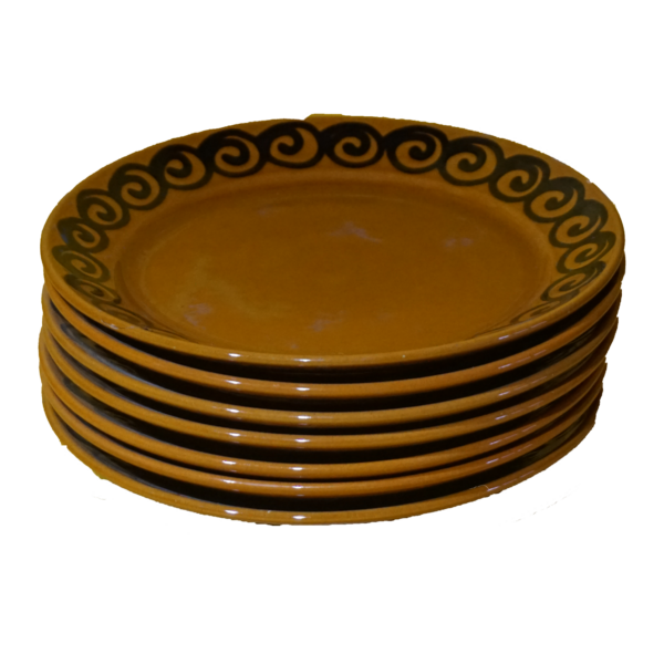 Vintage mézbarna kerámia tányérok fekete spirál díszítéssel, háztartási cikkek, konyhai eszközök, yupie